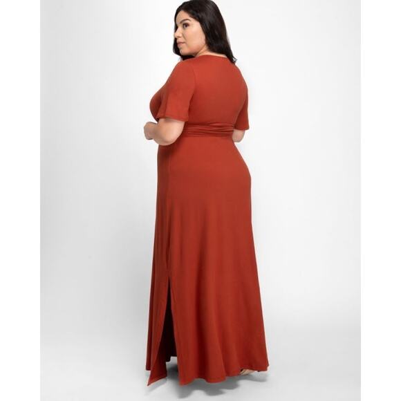 Kiyonna Dress Maxi 1X Amber Orange Desert Rain Style Flutter Sleeves Stretch - Picture 3 of 8